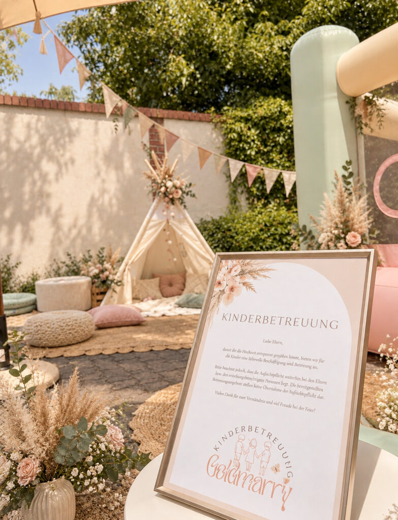 Boho-Kinderecke mit Tipi, Kissen und Willkommensschild – Kinderbetreuung Goldmarry bei einer Hochzeitsfeier