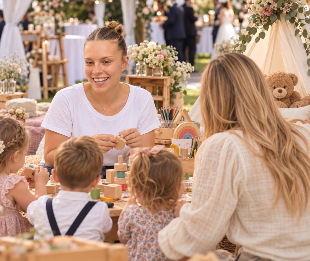 Betreuerin spielt mit Kindern am Basteltisch – pädagogische Kinderbetreuung auf einer Hochzeit in Berlin