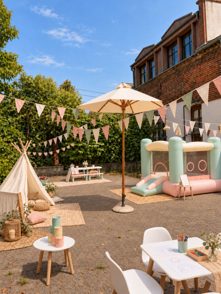 Kinderecke im Freien mit Tipi, Hüpfburg, Wimpelkette und Basteltisch – Kinderbetreuung auf einer Hochzeit in Brandenburg