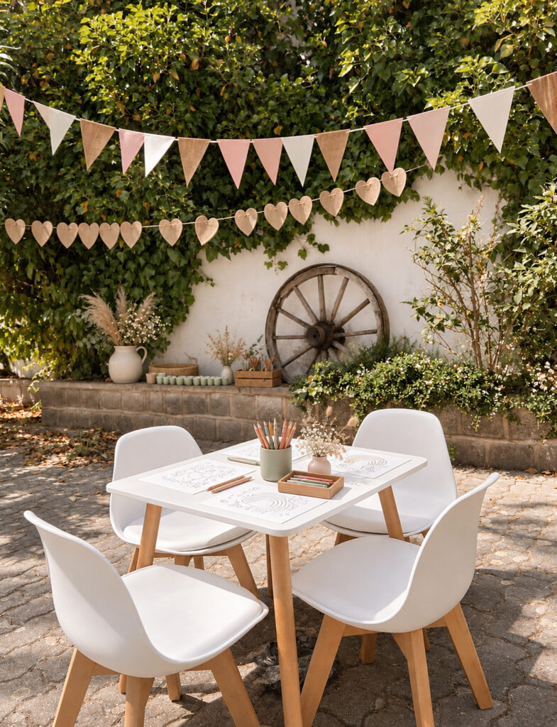 Gedeckter Kindertisch mit Malsachen und Wimpelkette im Garten – Kinderbetreuung für Hochzeiten und Events
